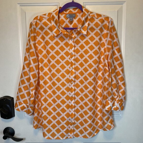 JC Penney Silk Blend Sz XL Lattice Design 3/4 Sleeve Top Blouse Orange & White - Picture 1 of 10